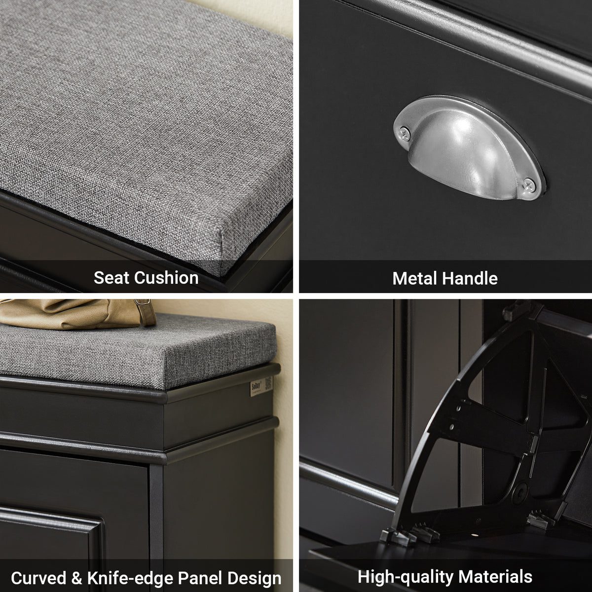 SoBuy FSR64-SCH detail close-up showing grey linen seat cushion, metal cup handle, curved panel design and flip drawer hinge mechanism