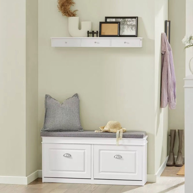 white wide shoe storage bench 104cm in hallway entrance