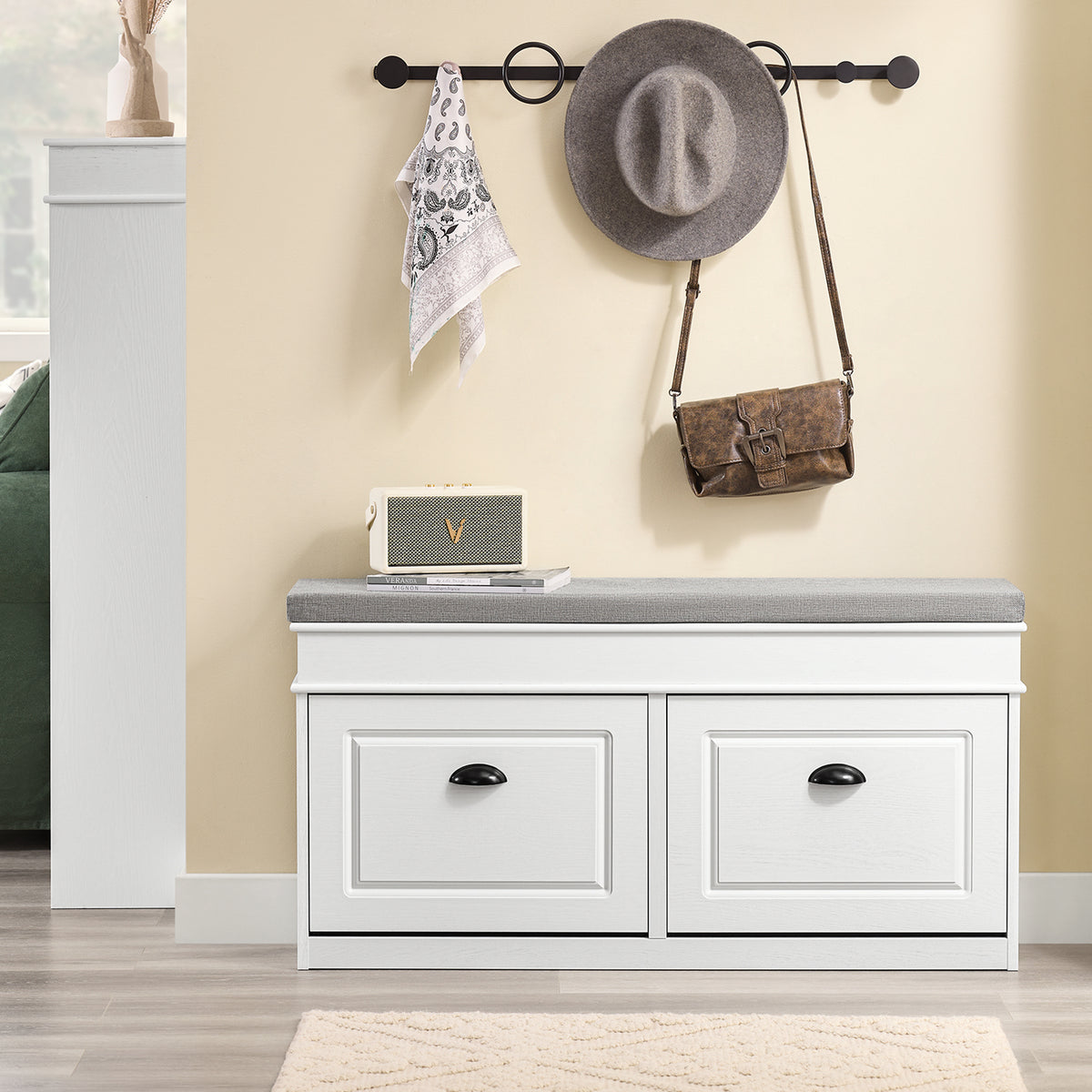 SoBuy FSR64-WG, Shoe Storage Bench with Seat Cushion - 2 Flip-Drawer, Hallway Shoe Rack Organizer for Entrance, Bedroom and Indoor Use, White Vintage Wood Grain Effect, W104×D24×H51cm