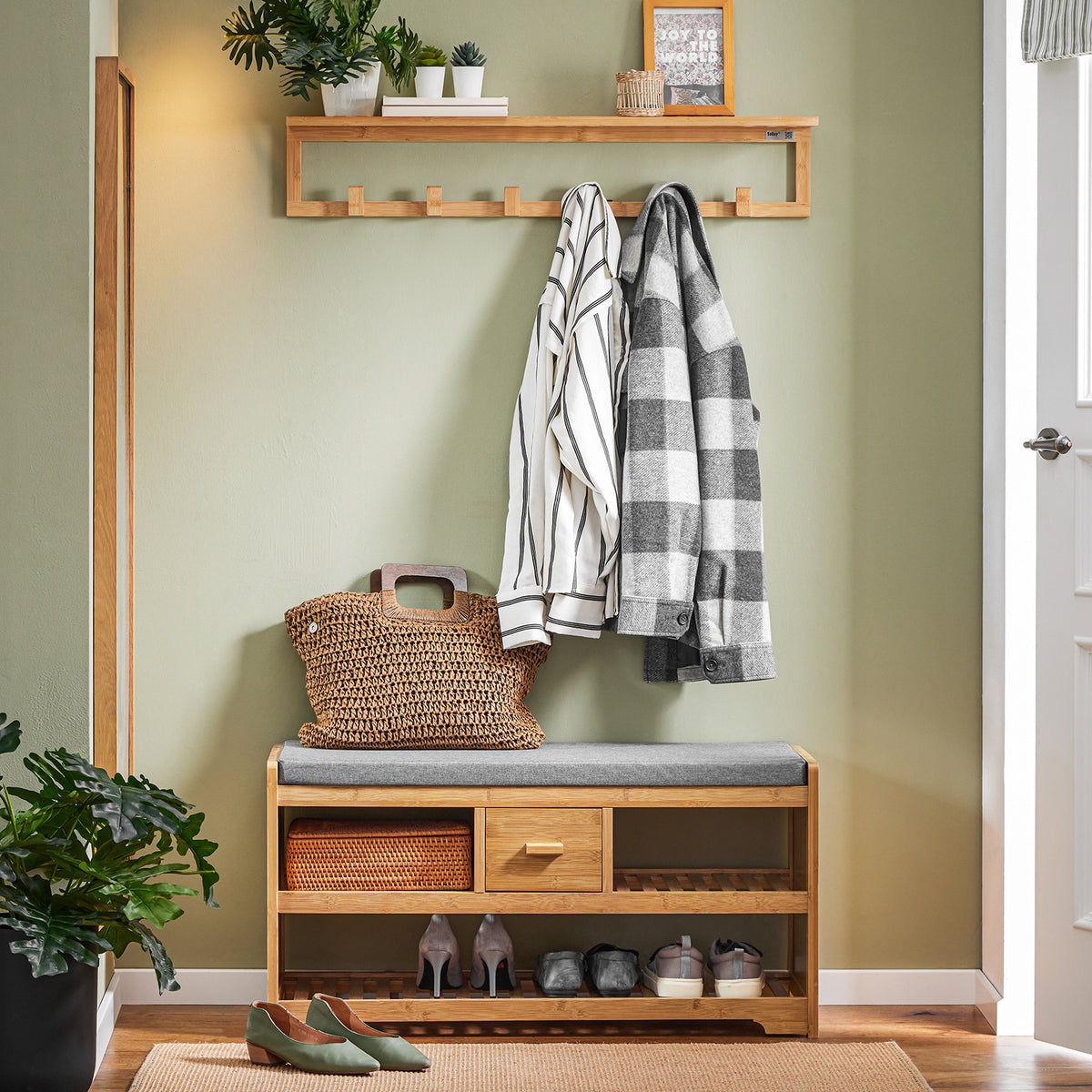 SoBuy FSR75-N, Bamboo 2 Tiers Shoe Rack Hallway Storage Bench with Seat Cushion, Wood