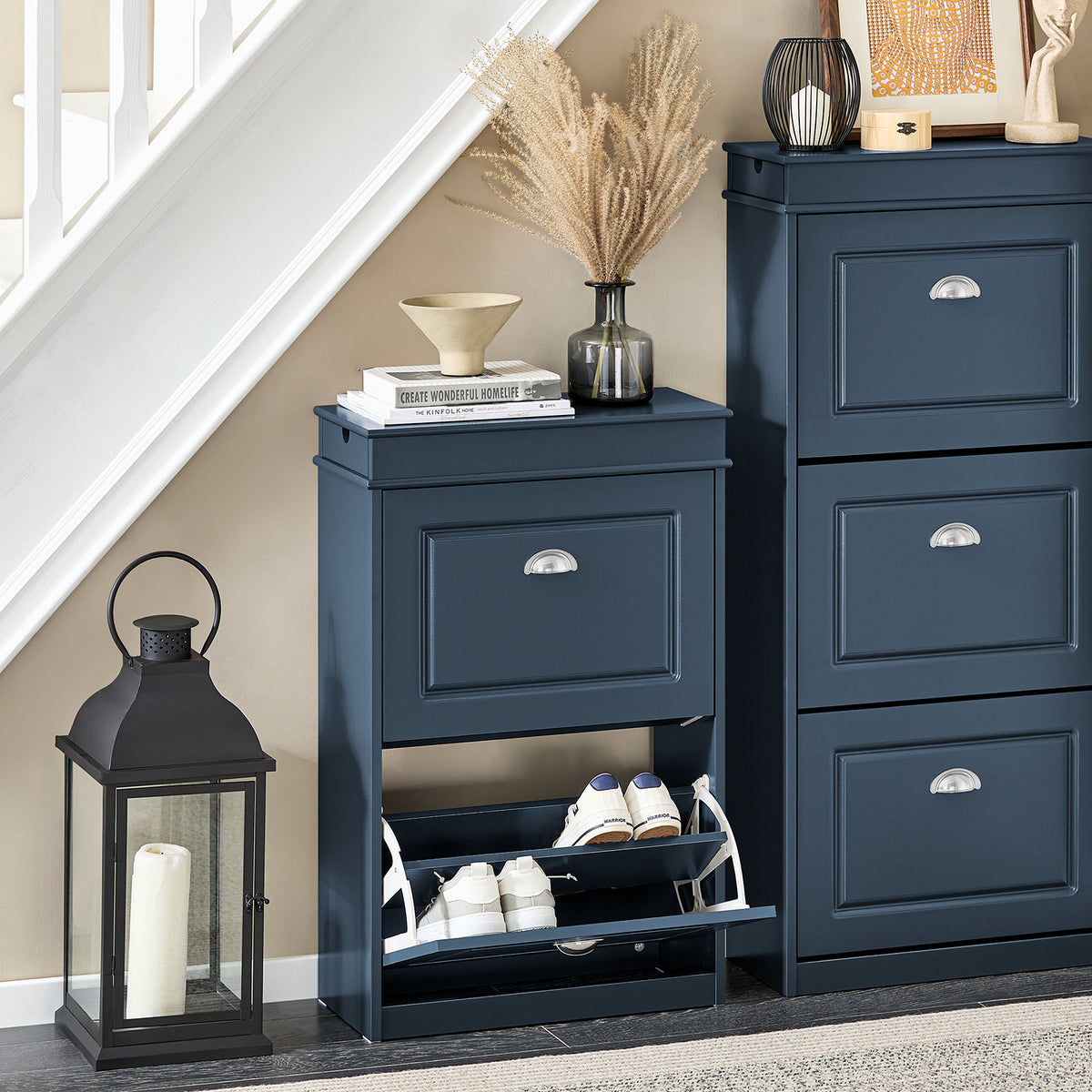 SoBuy Blue Narrow Shoe Cabinet with Double Flip Drawers – Stylish Entryway Storage Solution