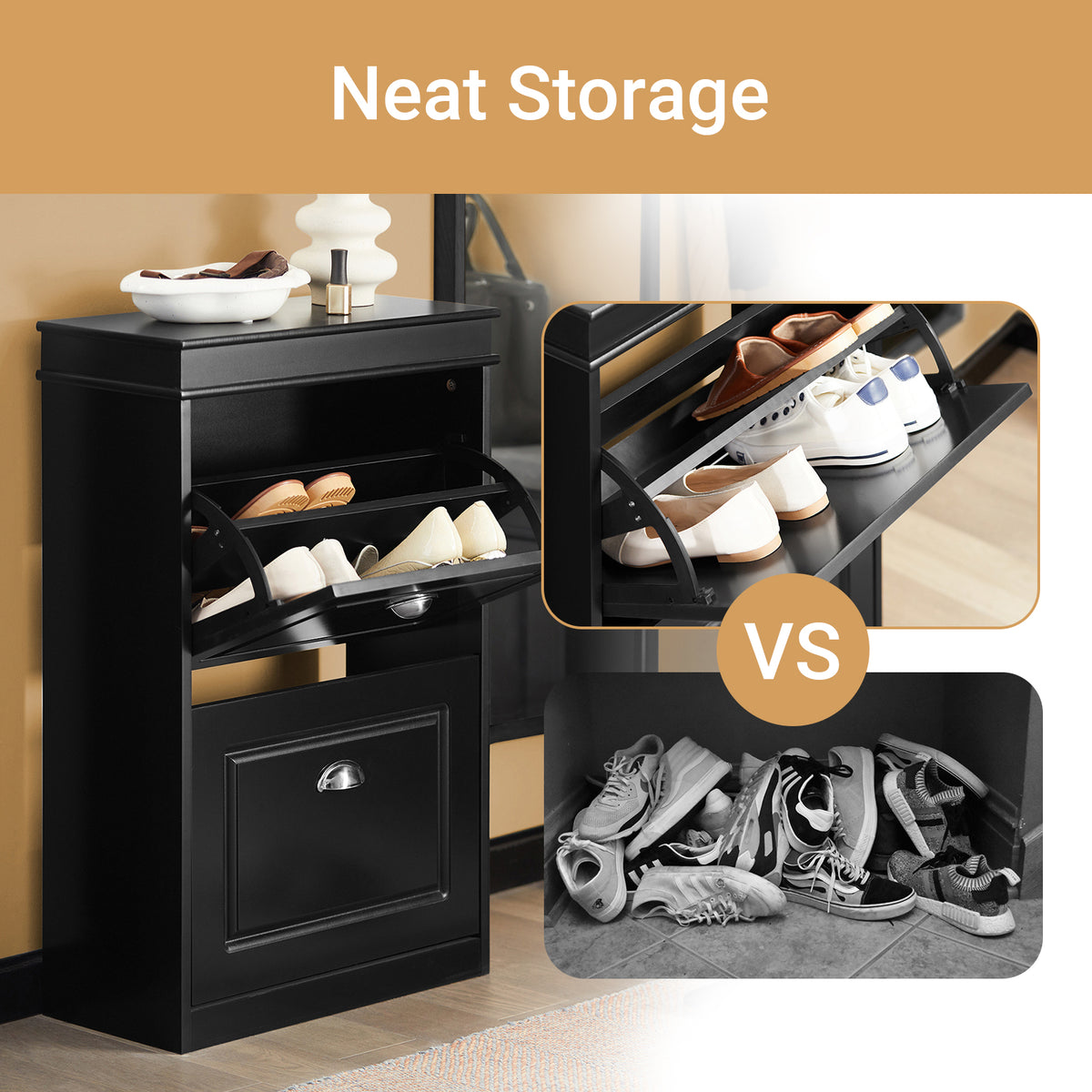 SoBuy FSR78-SCH, Shoe Rack Cabinet with 2 Flip Drawers, Slim Shoe Storage Unit for Hallway, Entryway, Corridor, Small Spaces, MDF Wooden Cupboard Black 54x24x82cm