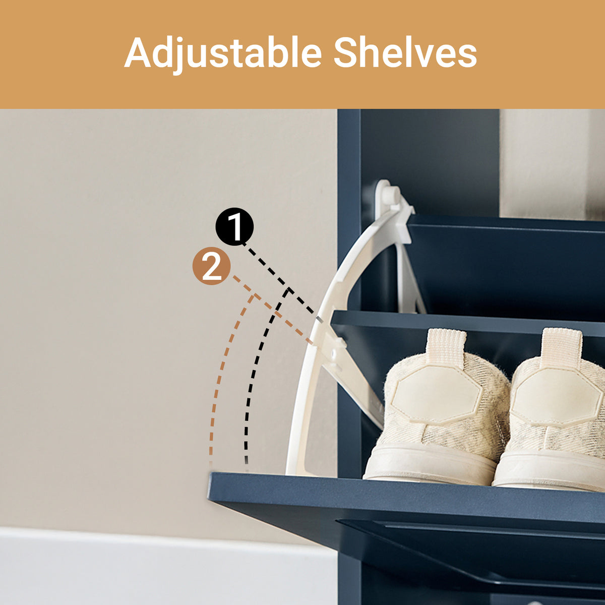 flip drawer open on blue shoe cabinet showing 2-tier internal rack
