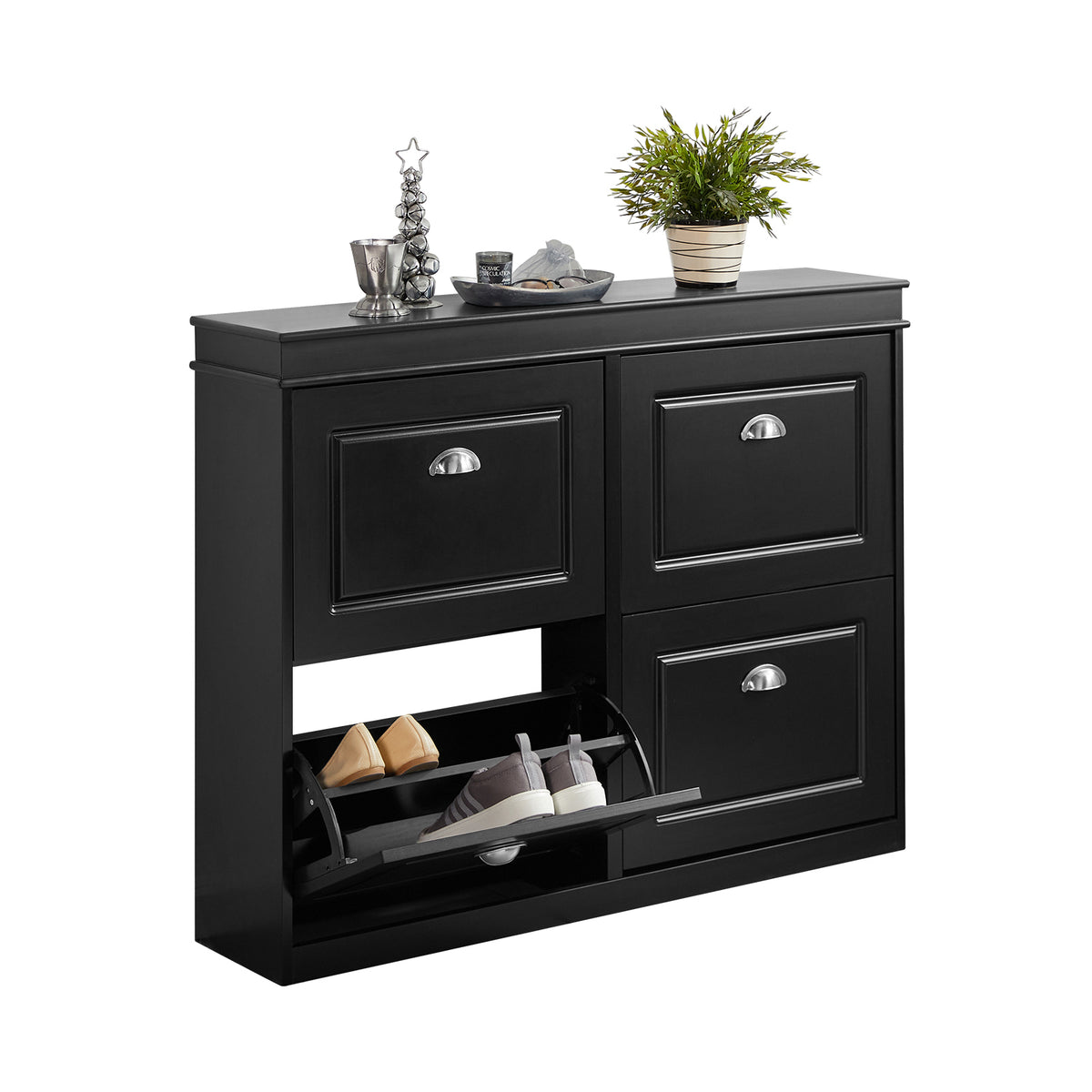 SoBuy FSR79-SCH, Shoe Rack Cabinet with 4 Flip Drawers, Slim Shoe Storage Unit for Hallway, Entryway, Corridor, Small Spaces, MDF Wooden Cupboard, Black 105x24x82cm