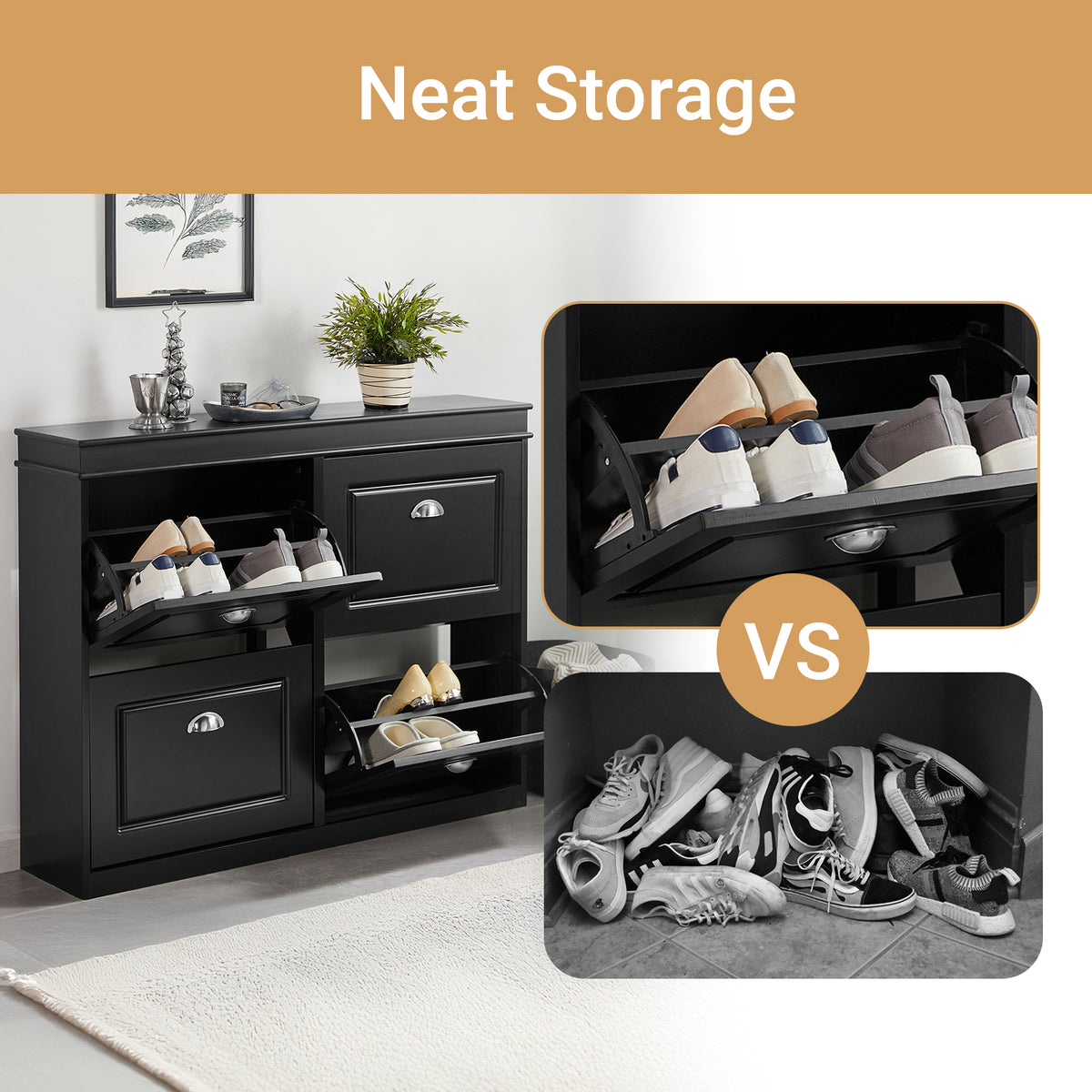 SoBuy FSR79-SCH, Shoe Rack Cabinet with 4 Flip Drawers, Slim Shoe Storage Unit for Hallway, Entryway, Corridor, Small Spaces, MDF Wooden Cupboard, Black 105x24x82cm