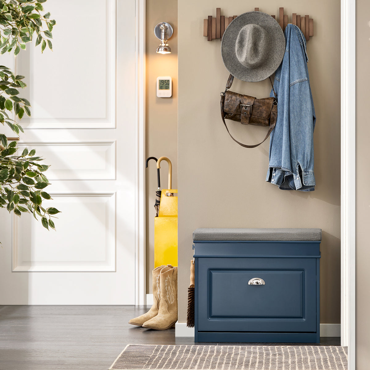 SoBuy Blue Hallway Shoe Bench with Flip Drawer – Compact 60cm Width for Small Entryways