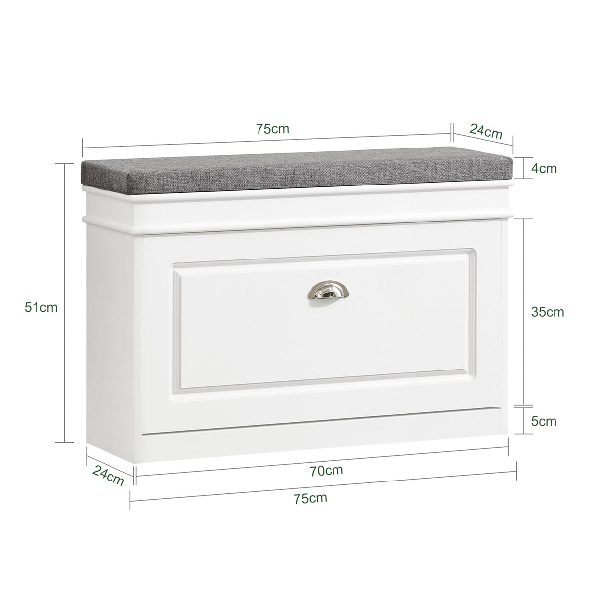 SoBuy FSR82-L-W White Hallway Shoe Bench with Flip Drawer & Padded Seat – Slim Storage Unit W75 x D24 x H51cm