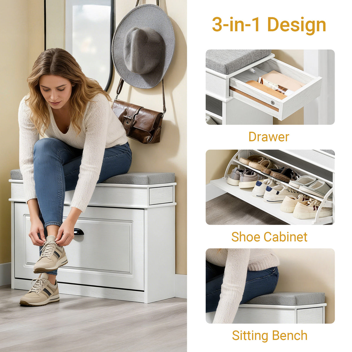 SoBuy FSR82-L-WG detail – 24cm depth, pre-installed drawer track, 4cm thick cushion and adjustable shoe shelf