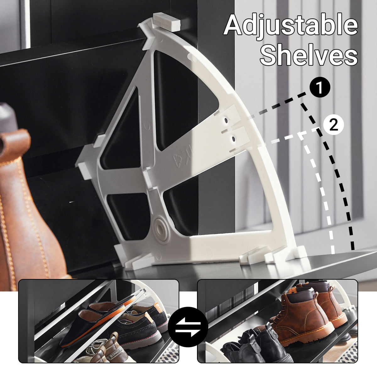 SoBuy FSR89-SCH adjustable shelf height detail – accommodates flats to boots