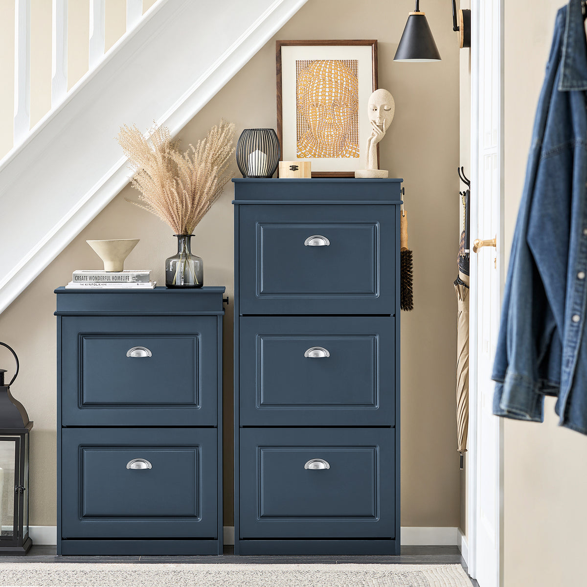Slim blue hallway shoe cupboard 53cm wide in entryway.
