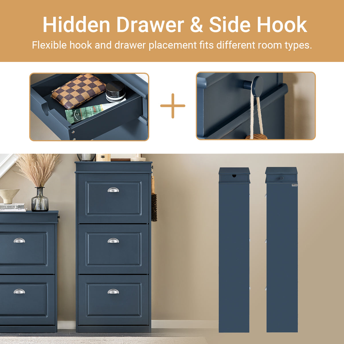 Hidden drawer & side hook on blue shoe storage unit for hallway.