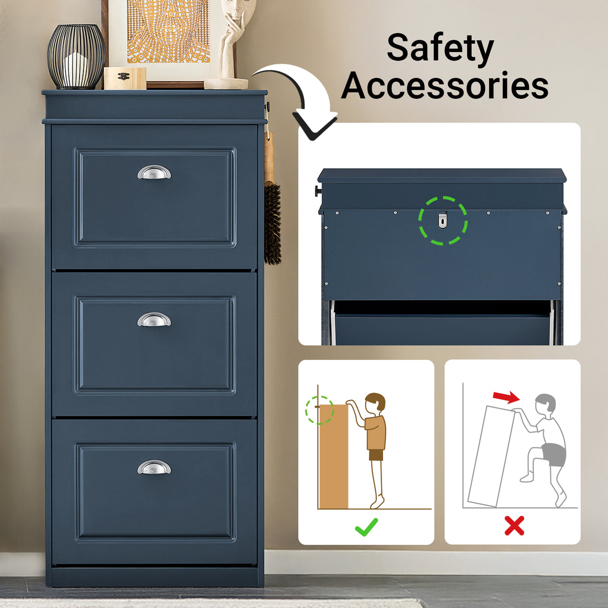 The anti-tipping device effectively protects the safety of children or pets.