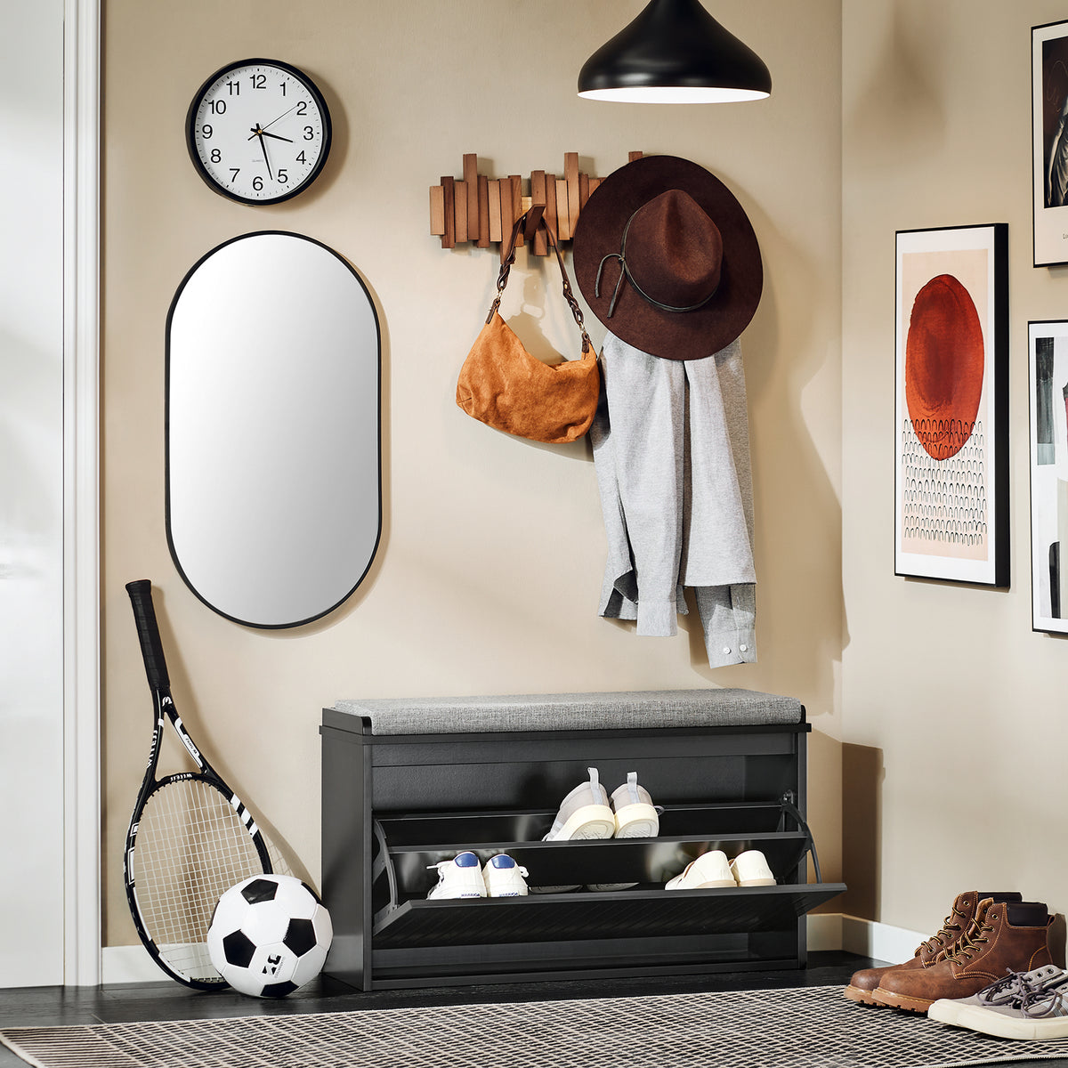 SoBuy FSR98-L-SCH, Shoe Storage Bench with Cushion - Shoe Rack & Cabinet with Flip Drawers, Modern Design, Space-Saving, 155kg Load Capacity, Ideal for Hallway & Living Room, Black W80 x D26 x H45cm
