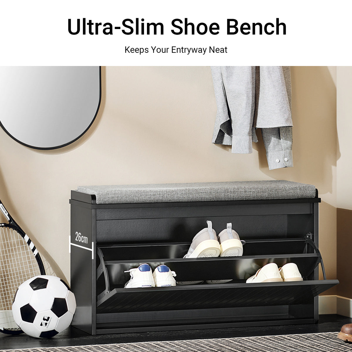 SoBuy FSR98-L-SCH, Shoe Storage Bench with Cushion - Shoe Rack & Cabinet with Flip Drawers, Modern Design, Space-Saving, 155kg Load Capacity, Ideal for Hallway & Living Room, Black W80 x D26 x H45cm