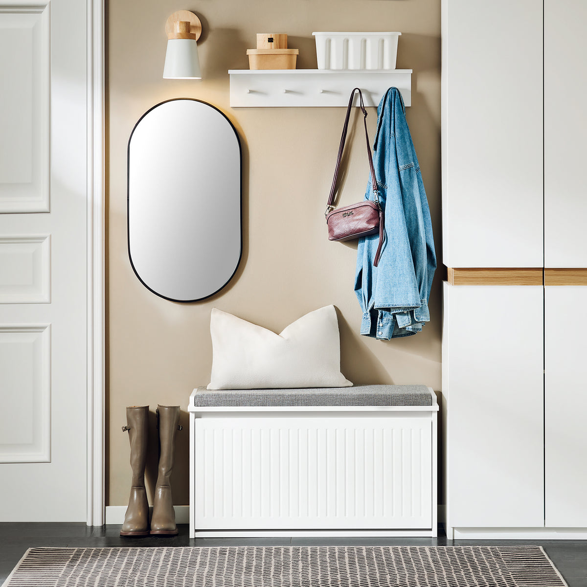 Pre-sale SoBuy FSR98-L-W Shoe Storage Bench with Cushion — Hallway Shoe Rack with Flip Drawers, 155kg Capacity, Seat & Hidden Storage, White W80×D26×H45cm