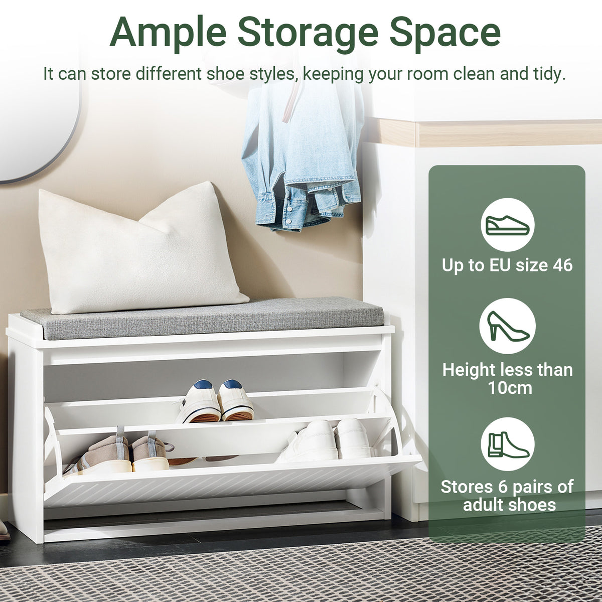 SoBuy FSR98-L-W Shoe Storage Bench with Cushion — Hallway Shoe Rack with Flip Drawers, 155kg Capacity, Seat & Hidden Storage, White W80×D26×H45cm