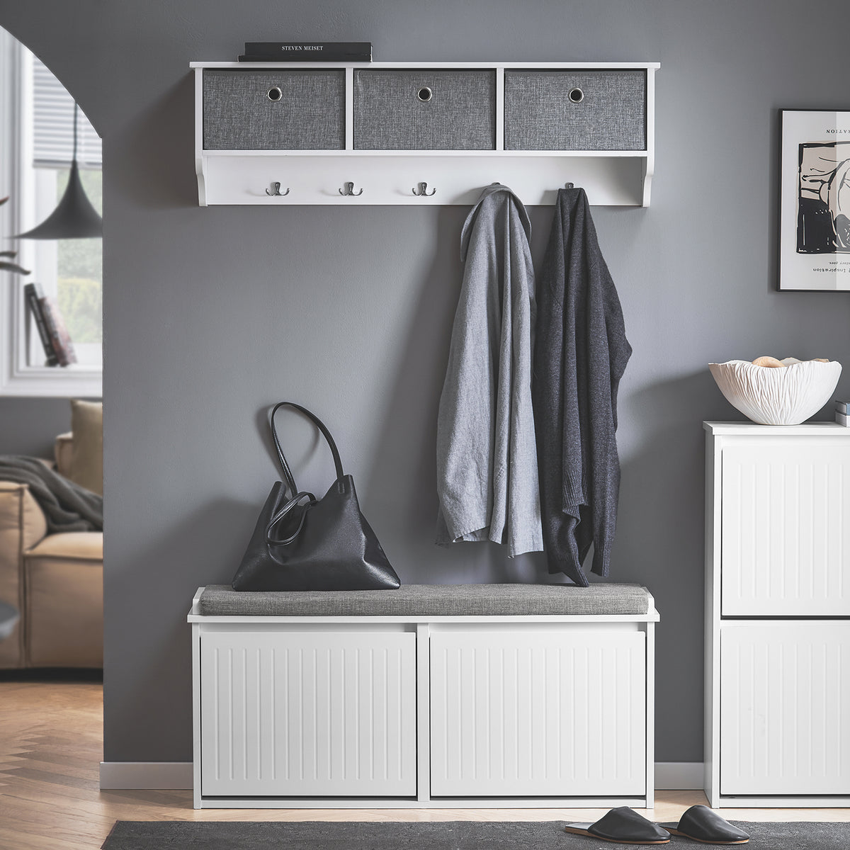 SoBuy FSR98-XL-W, Hallway Shoe Bench Shoe Rack Shoe Cabinet with Seat Cushion and 2 Flip-drawers, White