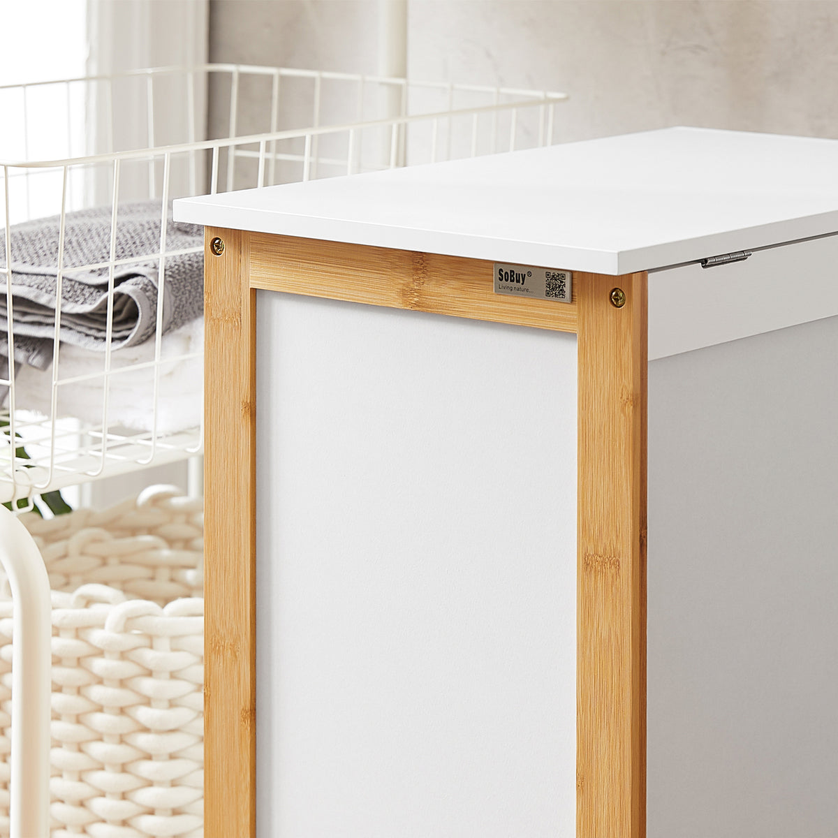 SoBuy FSS66-WN, Laundry Basket Laundry Bin Laundry Storage Box Hamper with Hinged Lid, White