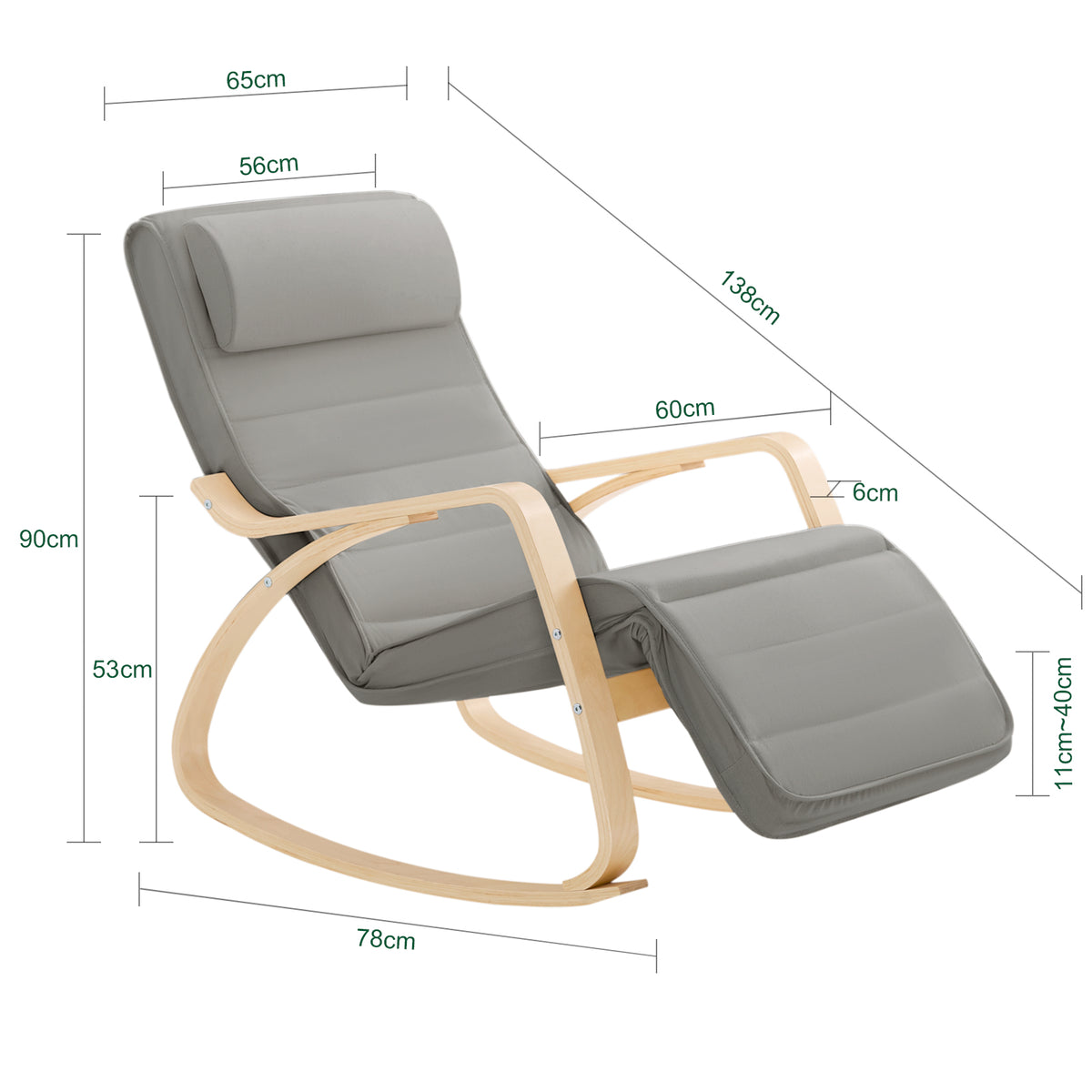 SoBuy FST16-DG Rocking Chair Relax Lounge Chair with Cushion Recliner with Headrest and Adjustable Footrest Grey