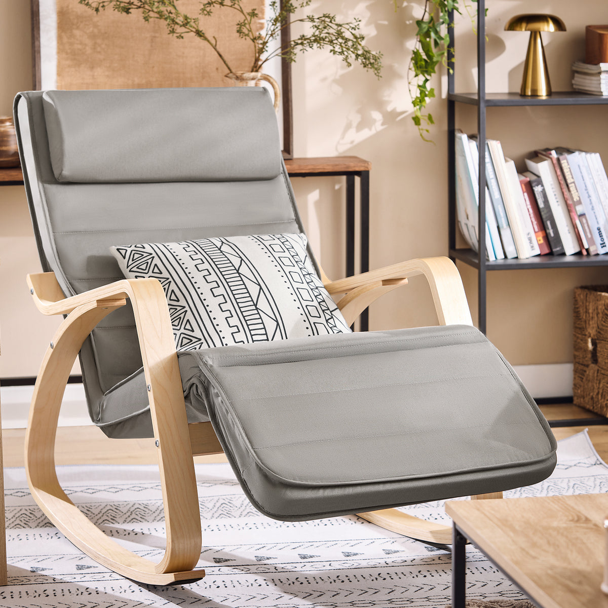 SoBuy FST16-DG Rocking Chair Relax Lounge Chair with Cushion Recliner with Headrest and Adjustable Footrest Grey