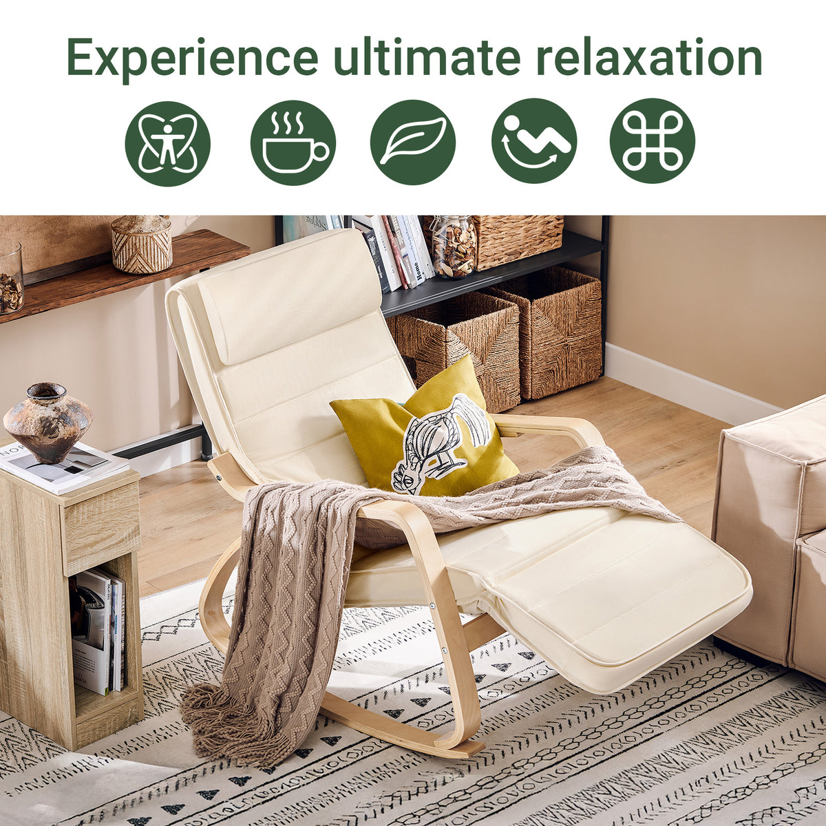 SoBuy FST16-W, Rocking Chair Relax Lounge Chair with Cushion Recliner with Headrest and Adjustable Footrest Beige