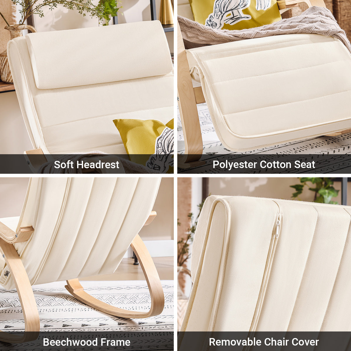 SoBuy FST16-W, Rocking Chair Relax Lounge Chair with Cushion Recliner with Headrest and Adjustable Footrest Beige