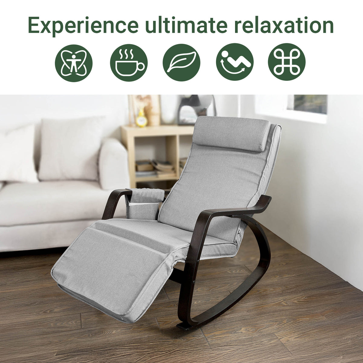 SoBuy FST20-HG, Rocking Chair Relax Lounge Chair with Cushion Recliner with Headrest, Adjustable Footrest and Removable Side Bag Grey