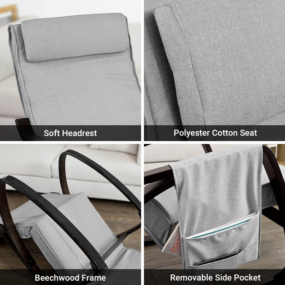 SoBuy FST20-HG, Rocking Chair Relax Lounge Chair with Cushion Recliner with Headrest, Adjustable Footrest and Removable Side Bag Grey