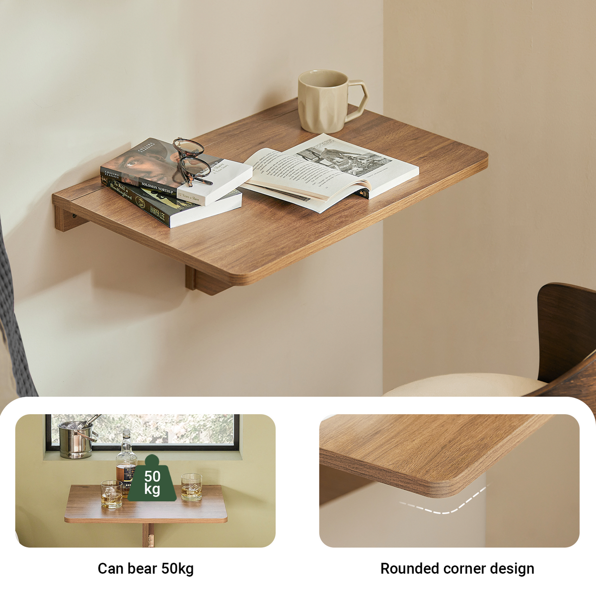 SoBuy FWT03-PF, Folding Wall-mounted Drop-leaf Table, Foldable Kitchen Table, Compact Computer Desk, Space-saving Design Folding Table, Ideal for Small Spaces, Kitchen, Office, 60x40cm Vintage