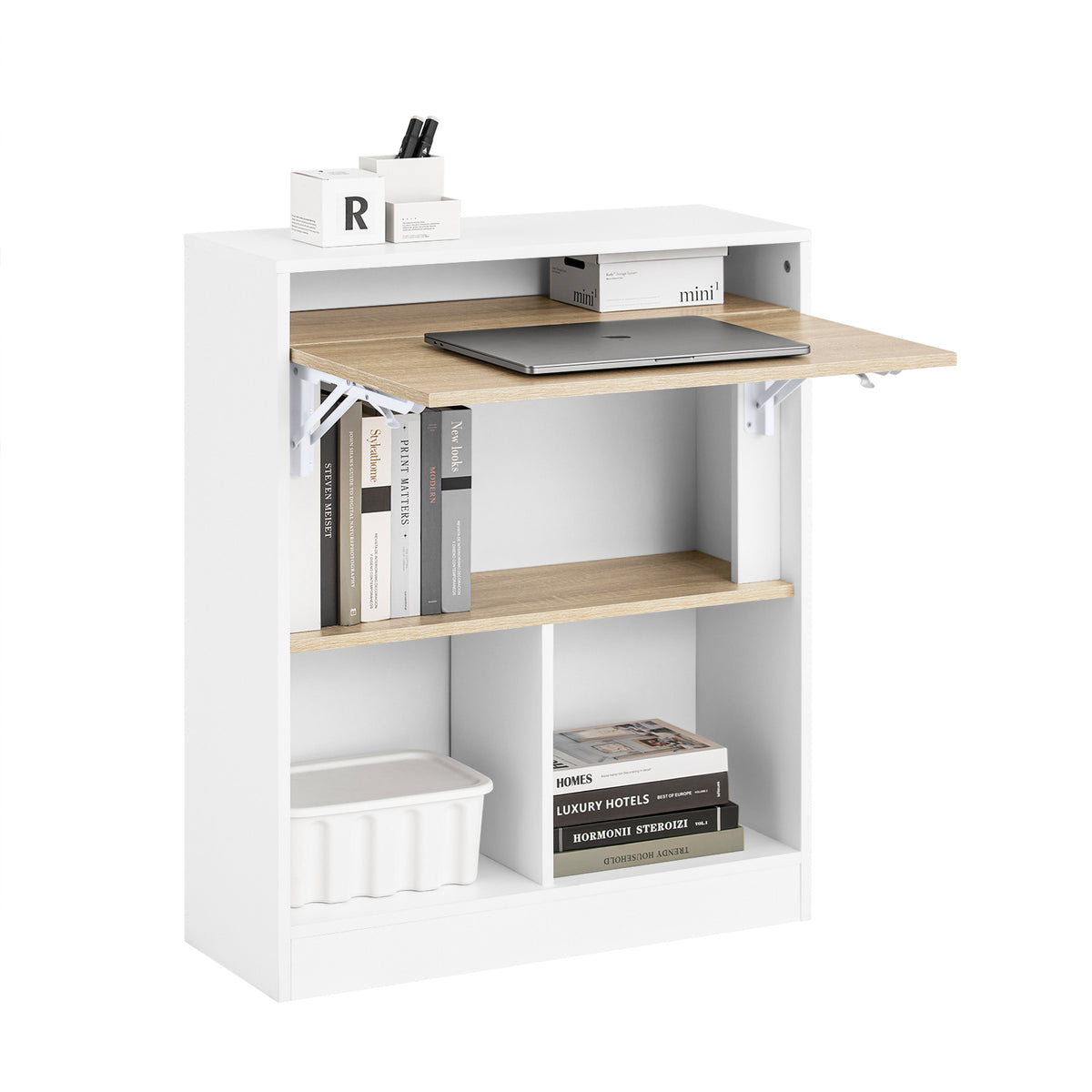 SoBuy FWT104-WN folding desk with 5 storage shelves – white background product image, white and natural finish