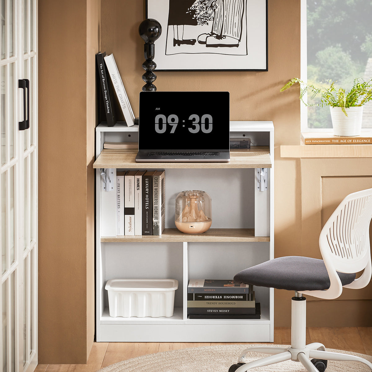 SoBuy FWT104-WN folding computer desk styled in home office – white and natural, 5 shelves with books and decor