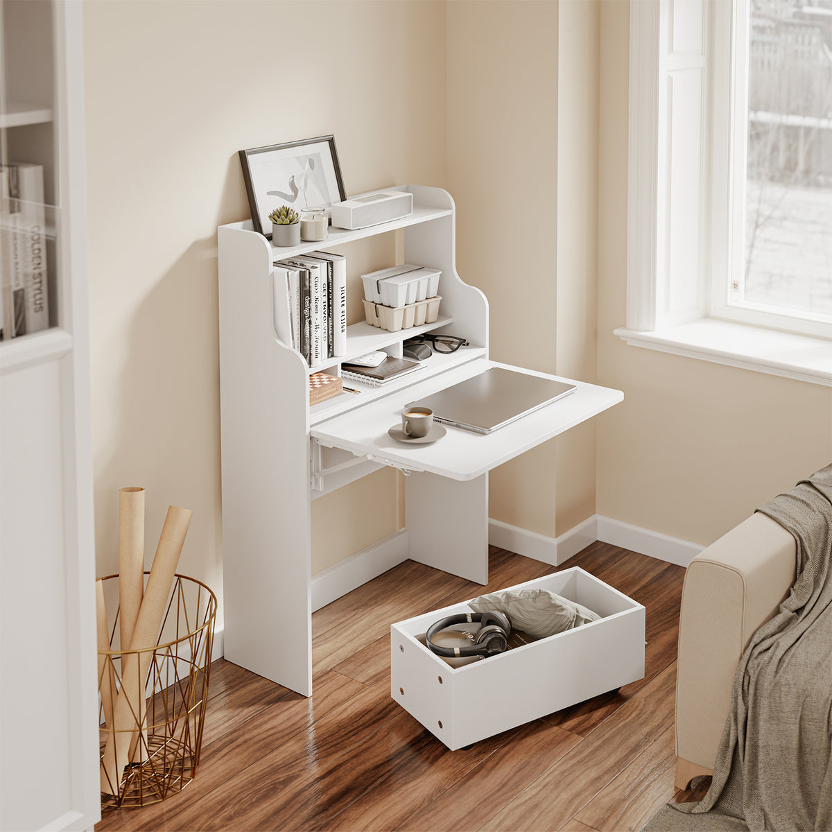 SoBuy FWT105-II-W, Children Folding Table Desk Children Desk with Mobile Storage Chest, White
