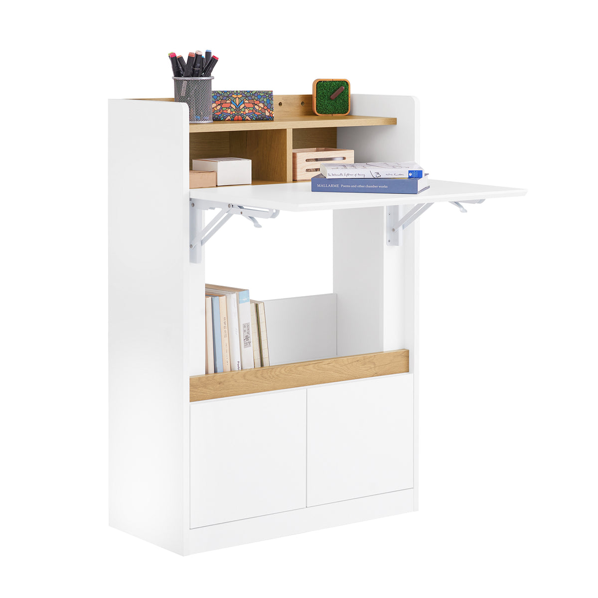 SoBuy FWT109-WN Home Office Folding Wall Table Desk with 2 Drawers & Shelves, Space-Saving Computer Desk, White & Natural