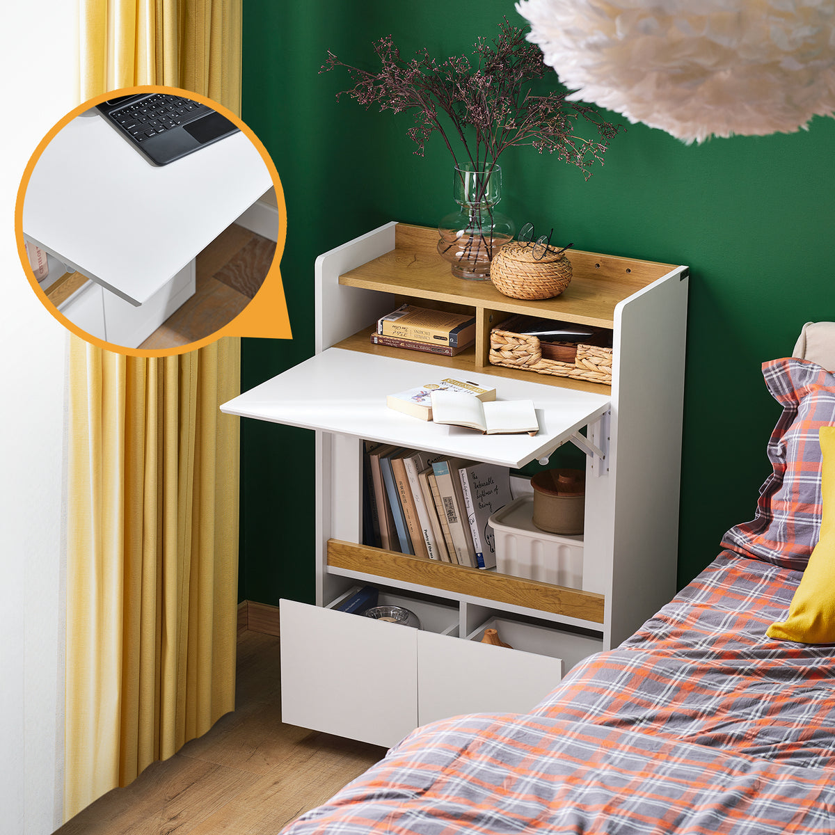 SoBuy FWT109-WN Home Office Folding Wall Table Desk with 2 Drawers & Shelves, Space-Saving Computer Desk, White & Natural