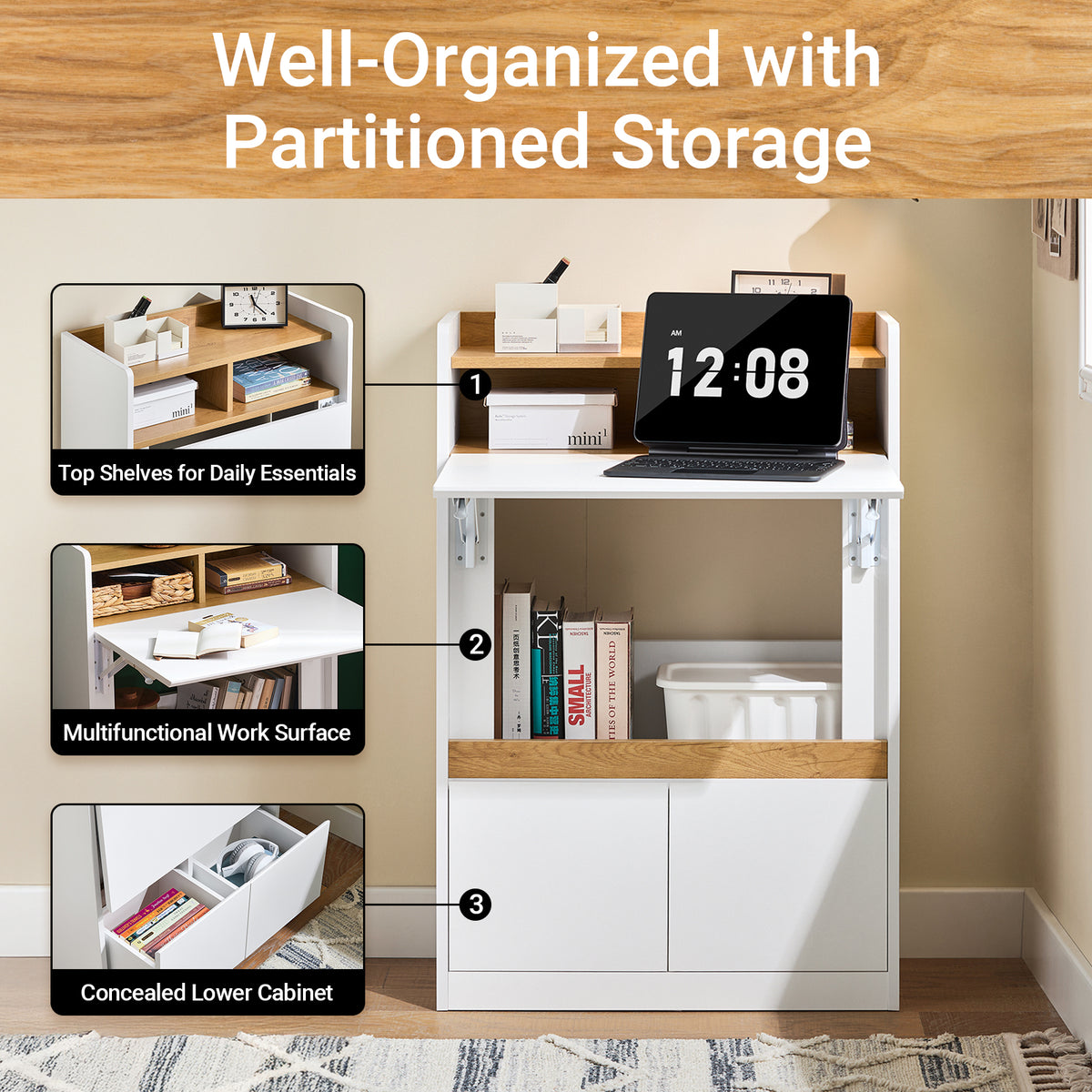 SoBuy FWT109-WN Home Office Folding Wall Table Desk with 2 Drawers & Shelves, Space-Saving Computer Desk, White & Natural
