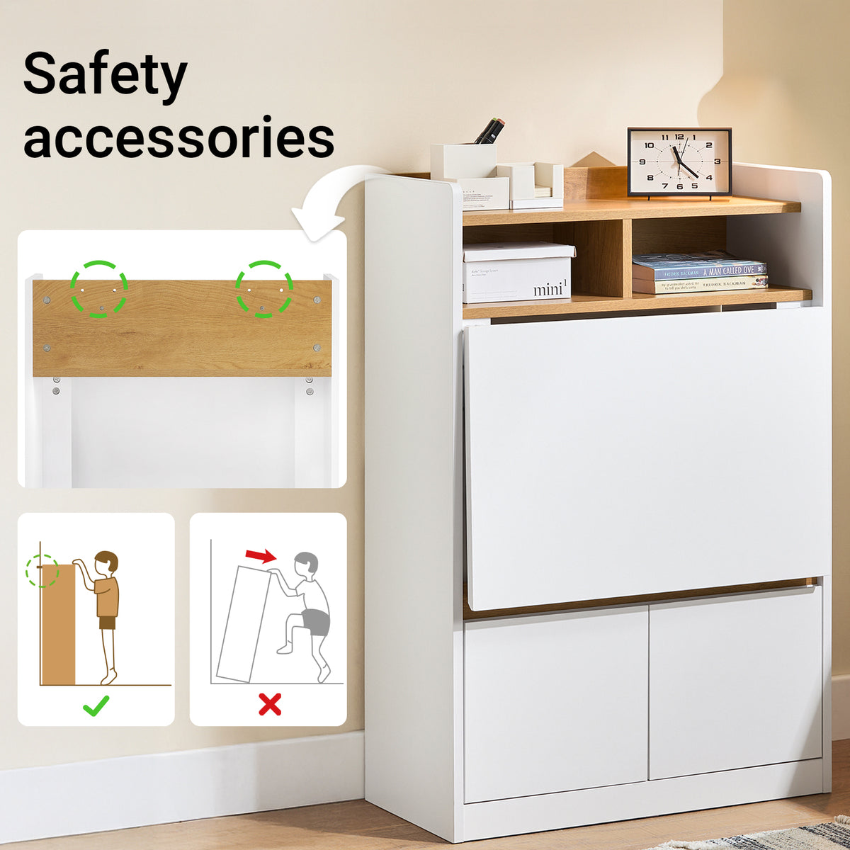 SoBuy FWT109-WN Home Office Folding Wall Table Desk with 2 Drawers & Shelves, Space-Saving Computer Desk, White & Natural