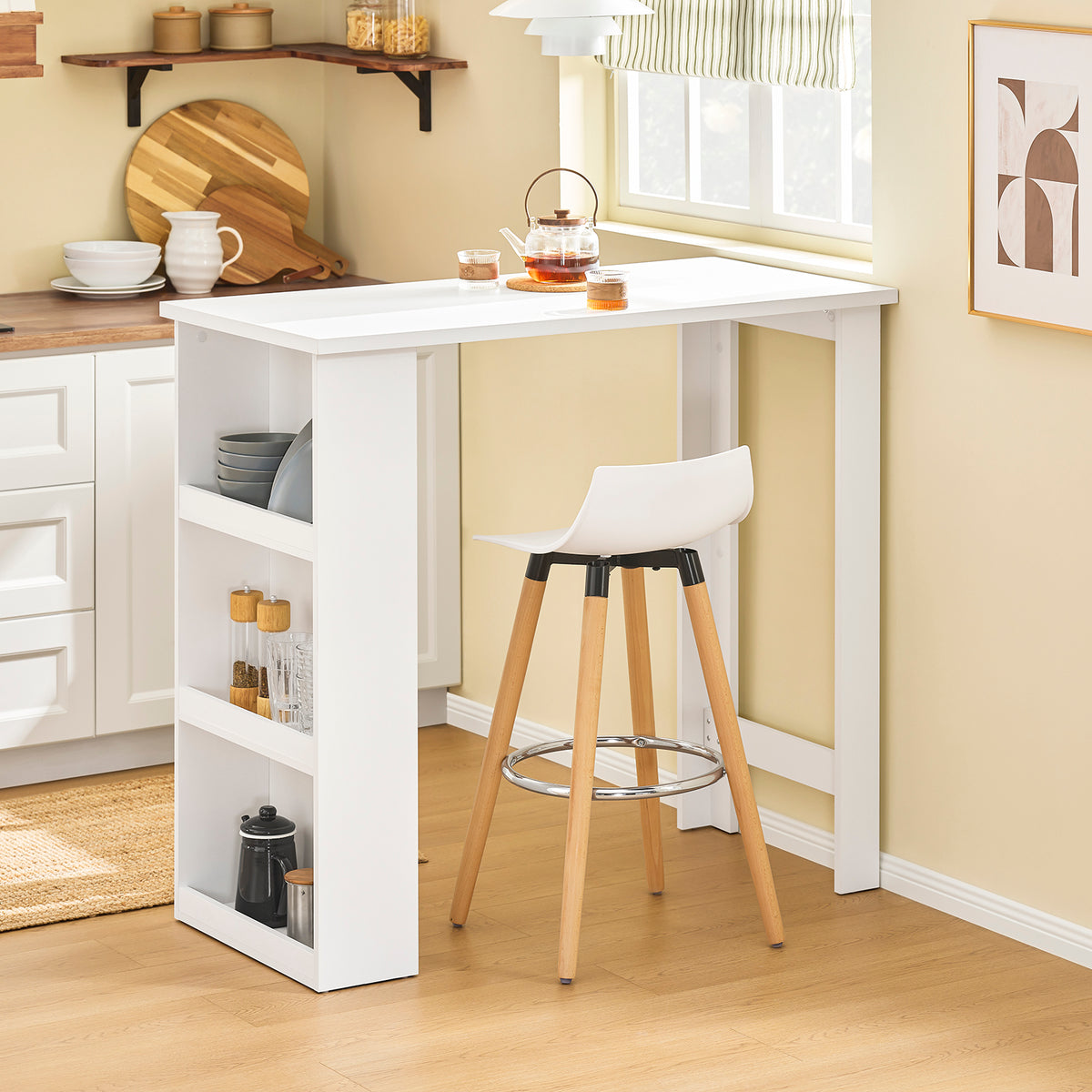 SoBuy FWT17-II-W Kitchen Breakfast Bar Table Modern Dining Table with 3-Tier Storage Shelves Tall Table for Kitchen, Living Room, or Coffee Bar White W112 x D57 x H106 cm