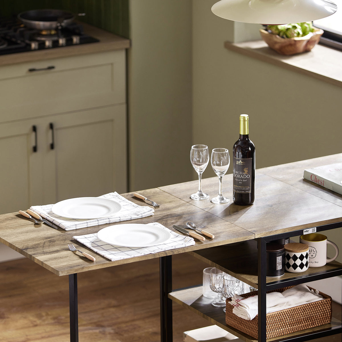 SoBuy FWT62-N, Folding Dining Table with 3 Shelves, Kitchen Dining Room Table, Wood