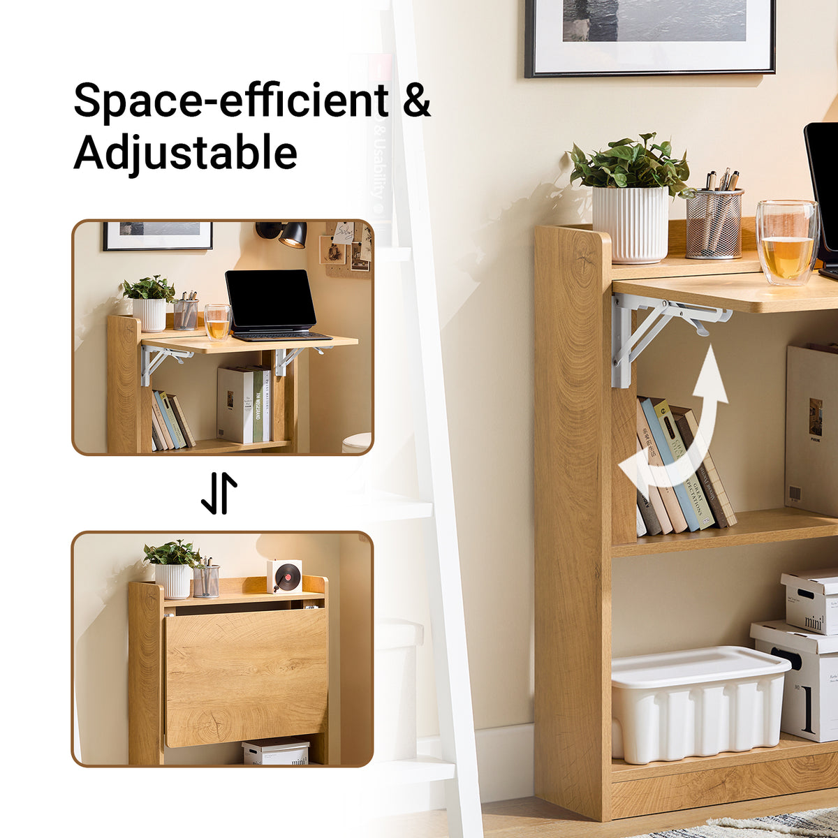 SoBuy FWT92-N, Computer Desk Home Office Desk Folding Table with 3 Shelves Study Table Natural W64 x D58 x H82cm