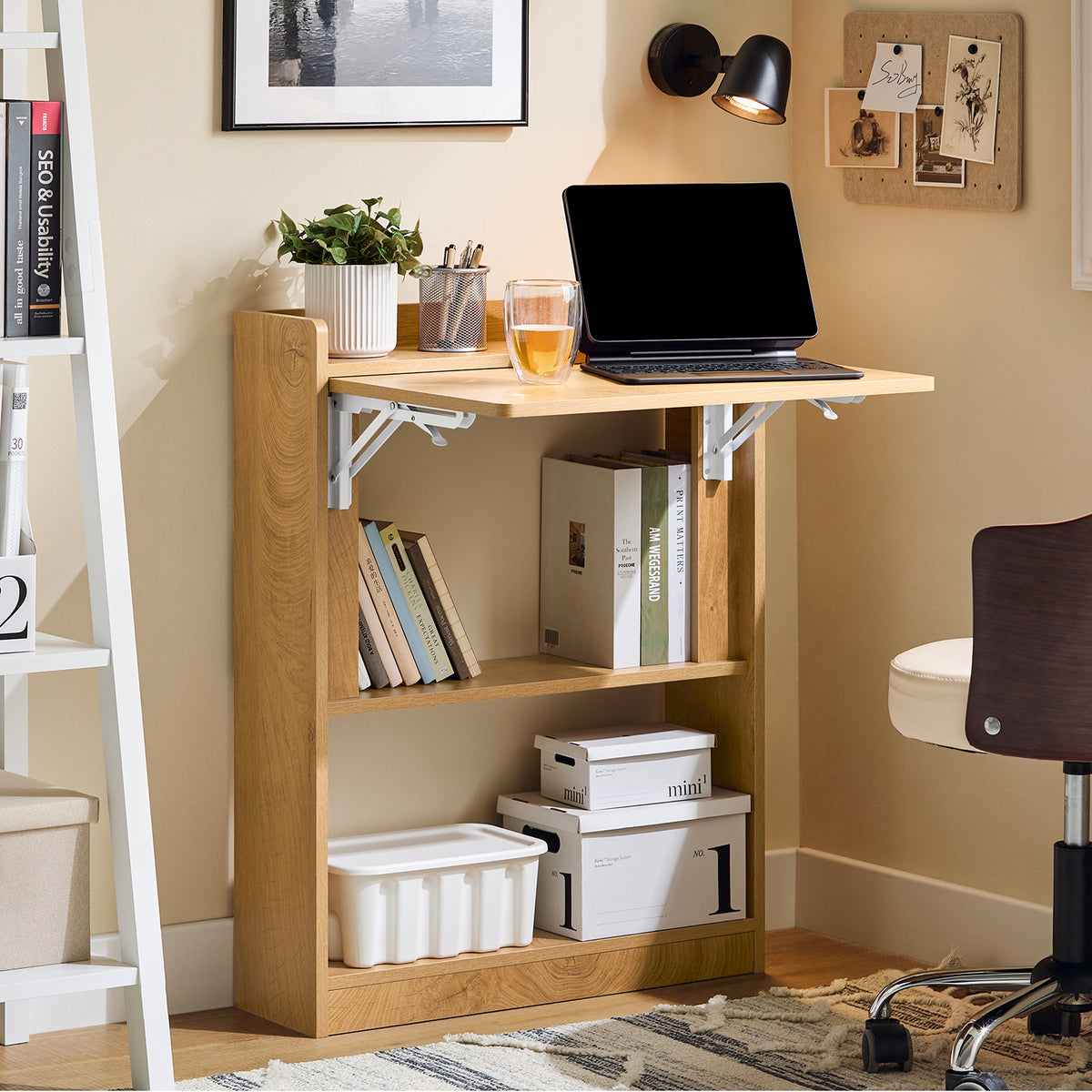 SoBuy FWT92-N, Computer Desk Home Office Desk Folding Table with 3 Shelves Study Table Natural W64 x D58 x H82cm