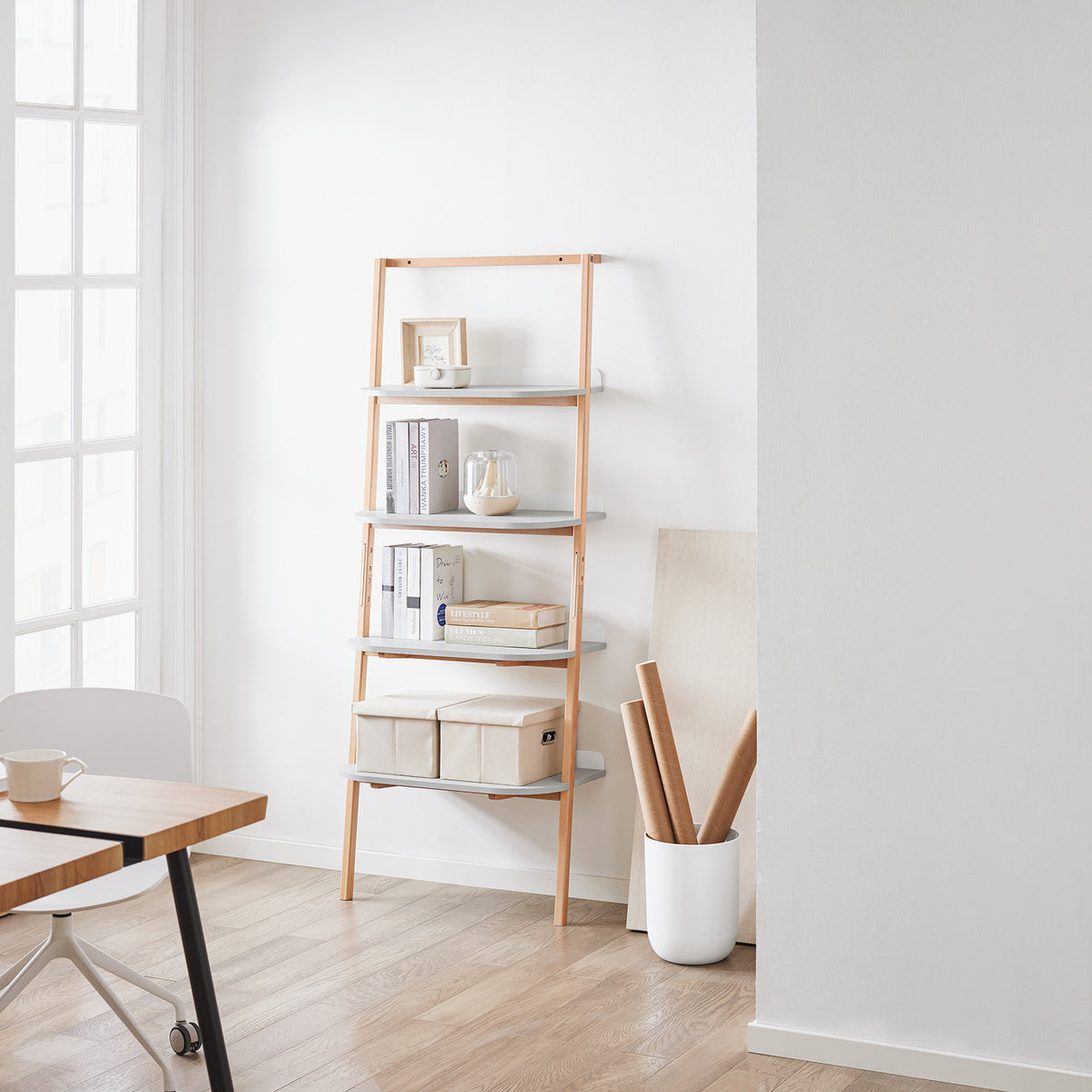 SoBuy HSTR02-HG, 4 Tiers Bookcase Bookshelf Storae Display Shelf Ladder Shelf Wall Shelf, Grey and Natural