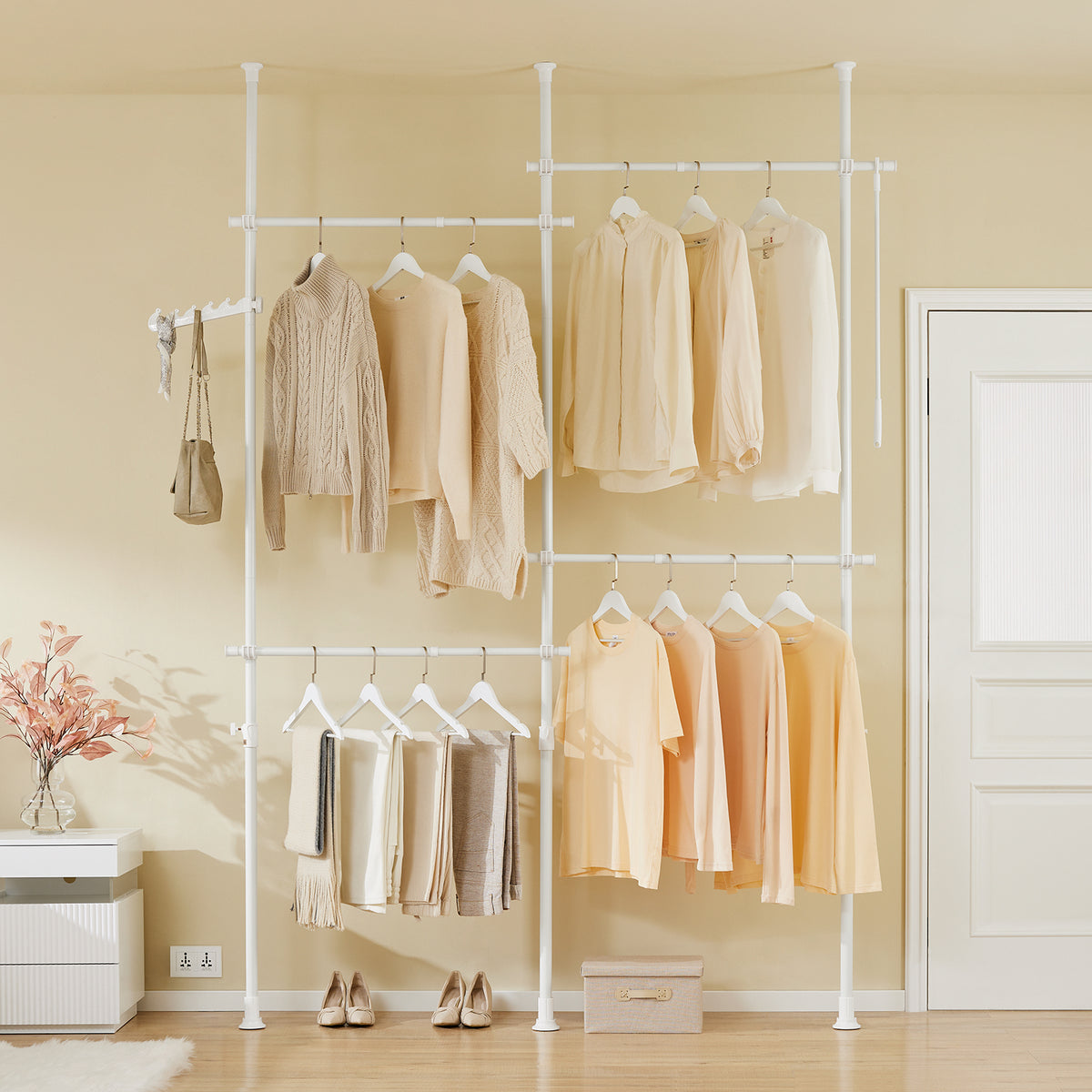 SoBuy KLS03-II-W, Telescopic Clothes Rail, Heavy Duty Clothes Rack, Adjustable Open Wardrobe with Hanging Rails for Bedroom, Walk-in Closet White