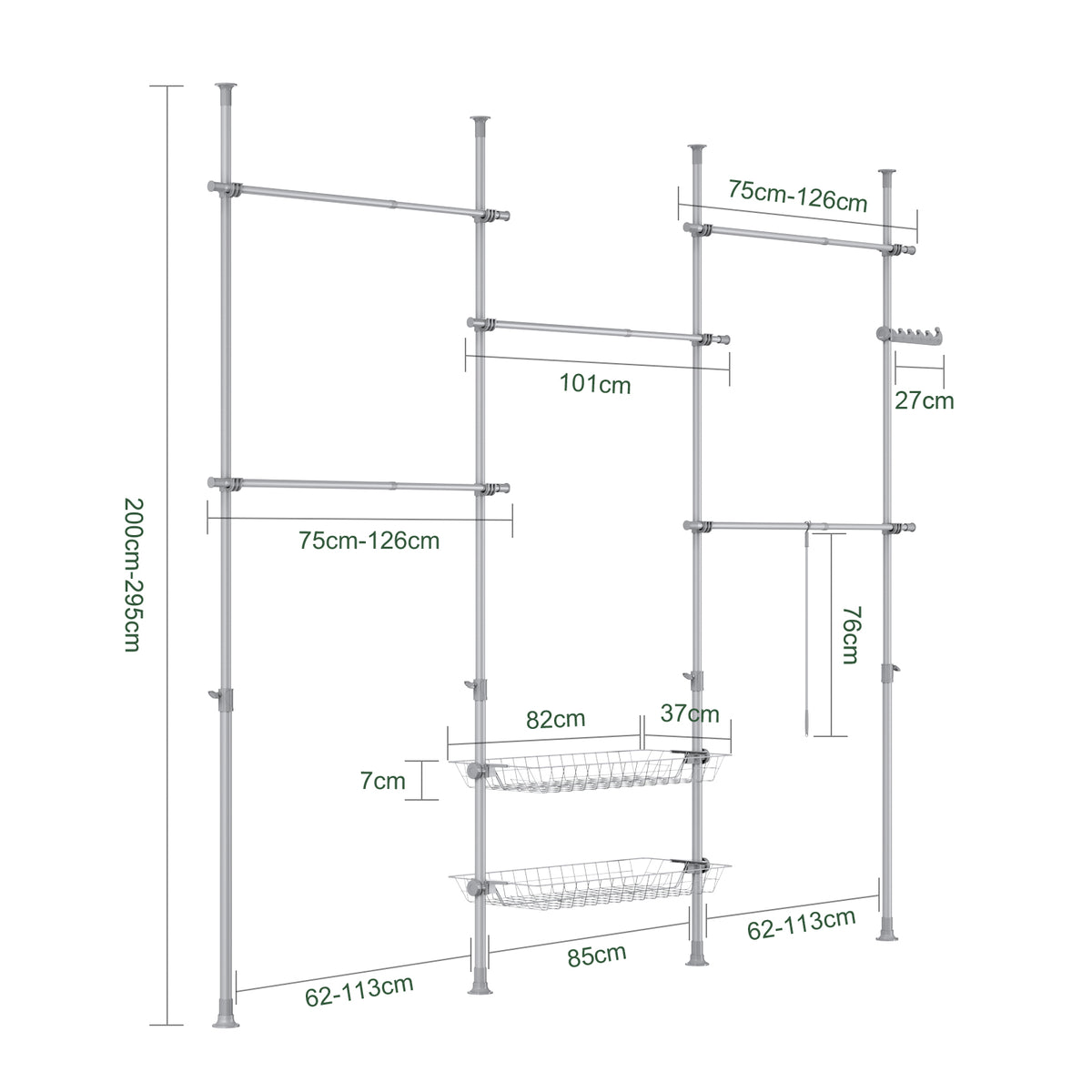 SoBuy KLS04-II-HG, Telescopic Clothes Rail, Heavy Duty Clothes Rack, Adjustable Open Wardrobe with Hanging Rails & Shelves for Bedroom, Walk-in Closet Grey