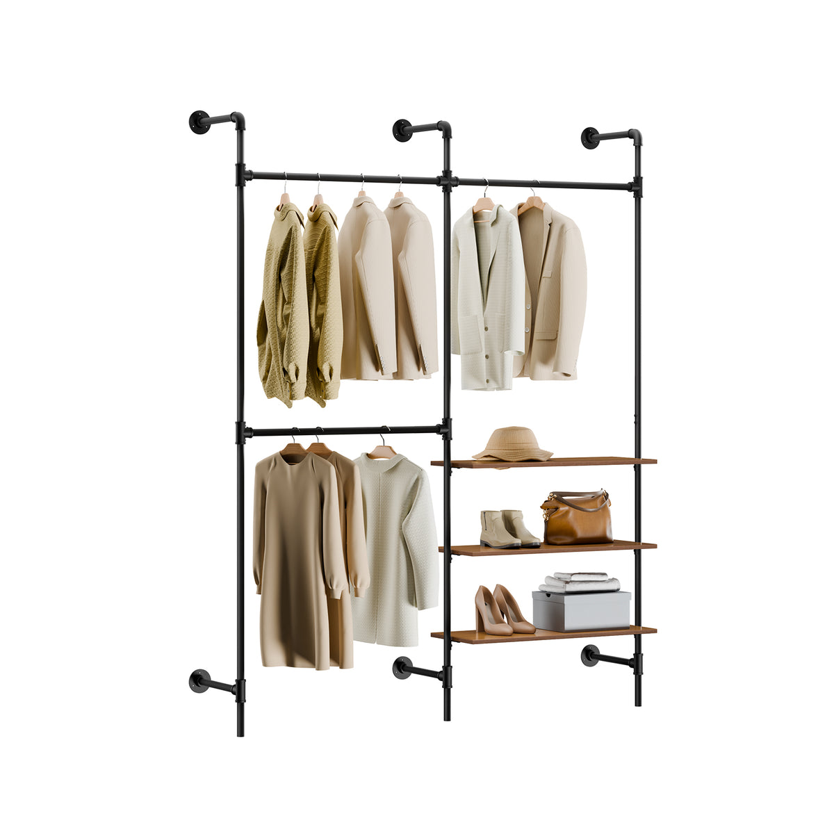 SoBuy KLS18-SCH, Wall-Mounted Clothes Rail, Fixed Pipe Garment Rack with 3 Hanging Rails & 3 MDF Shelves, Heavy-Duty Space-Saving Open Wardrobe Closet Organiser, Industrial Black