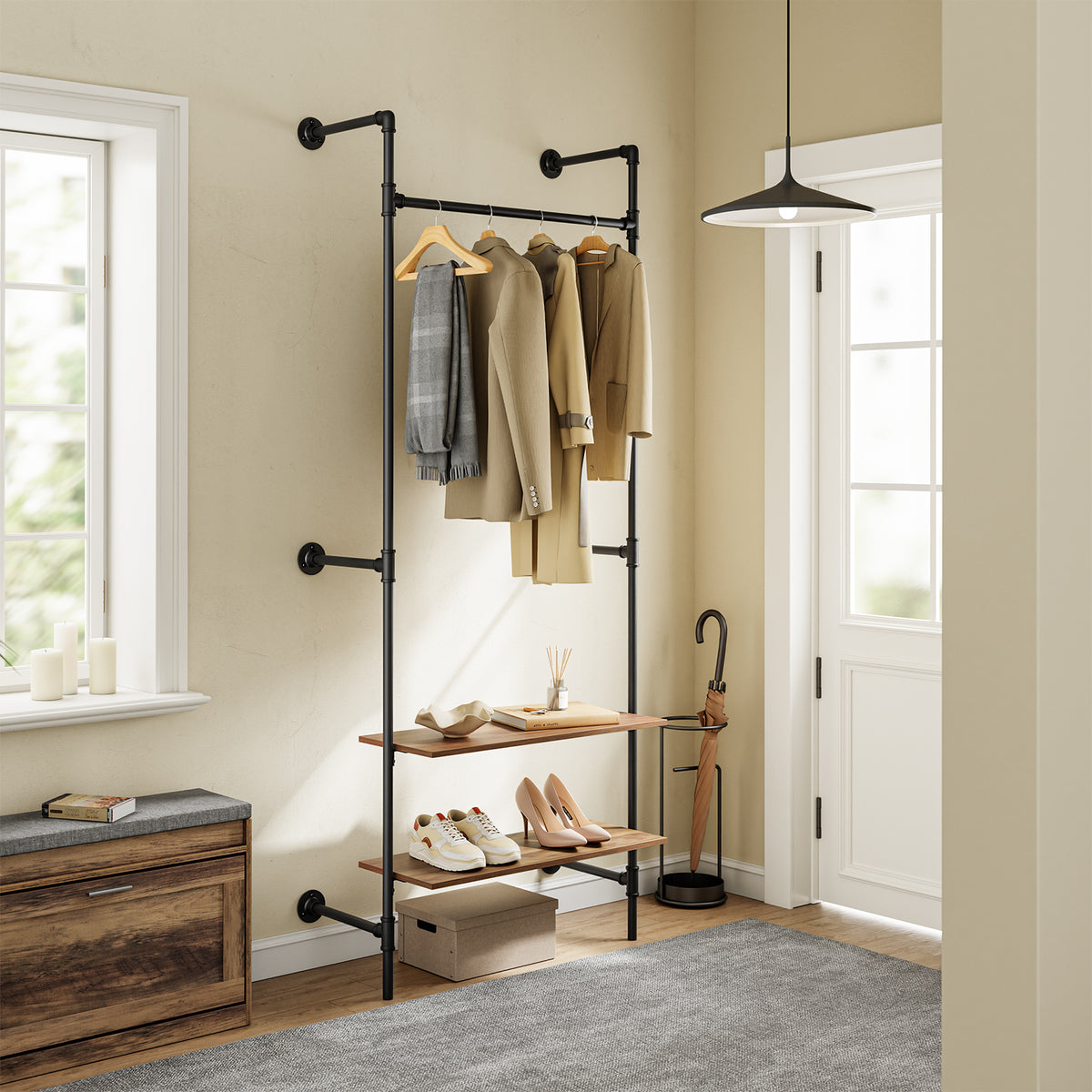 SoBuy KLS20-SCH, Wall-Mounted Clothes Rail, Clothes Rack with Fixed Pipe Design, 1 Hanging Rail & 2 Shelves, Black 91.5x48x220 cm