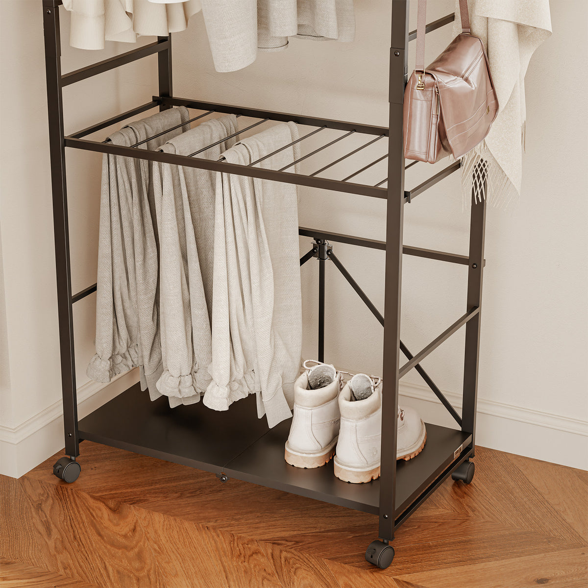 SoBuy KLS22-SCH, Heavy Duty Open Wardrobe on Wheels with Hooks, Dark Gray, 70x38x175cm - view 8