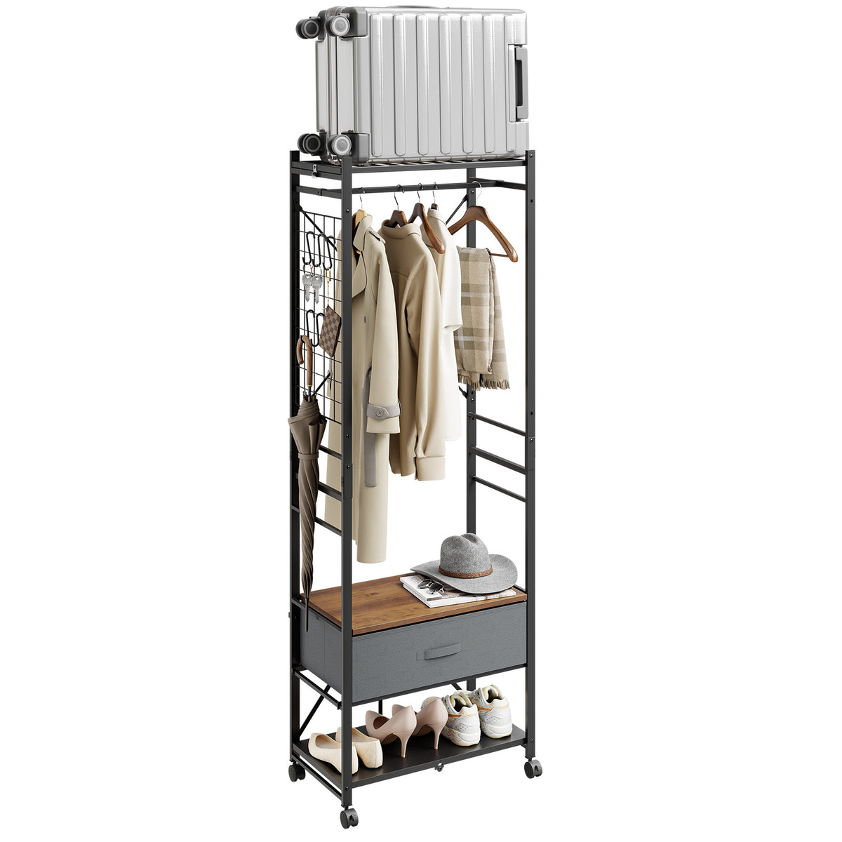 SoBuy KLS23-SCH, Clothes Rail with Shelf & Drawer on Wheels, Shoe Rack, Dark Gray, 60x32x175cm