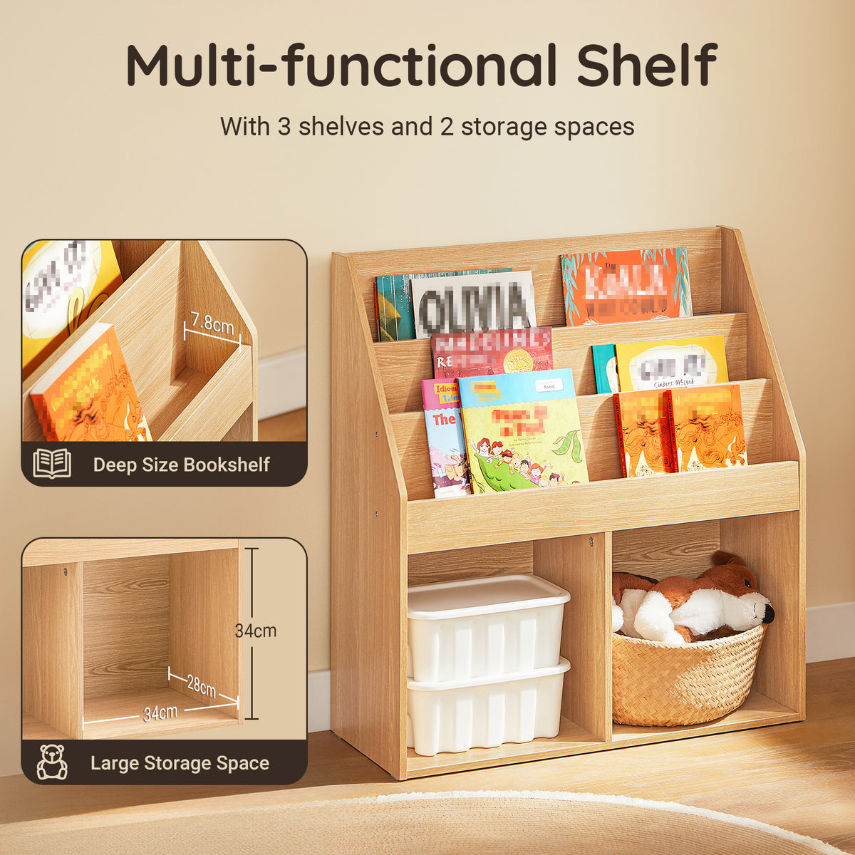 SoBuy KMB01-N, Kids Bookshelf and Toy Storage Unit with 3 Tiers and 2 Storage Partitions Children's Bookcase for Nursery Toddler Room Baby Book Shelf Kids Book Storage Natural 73x30x80 cm