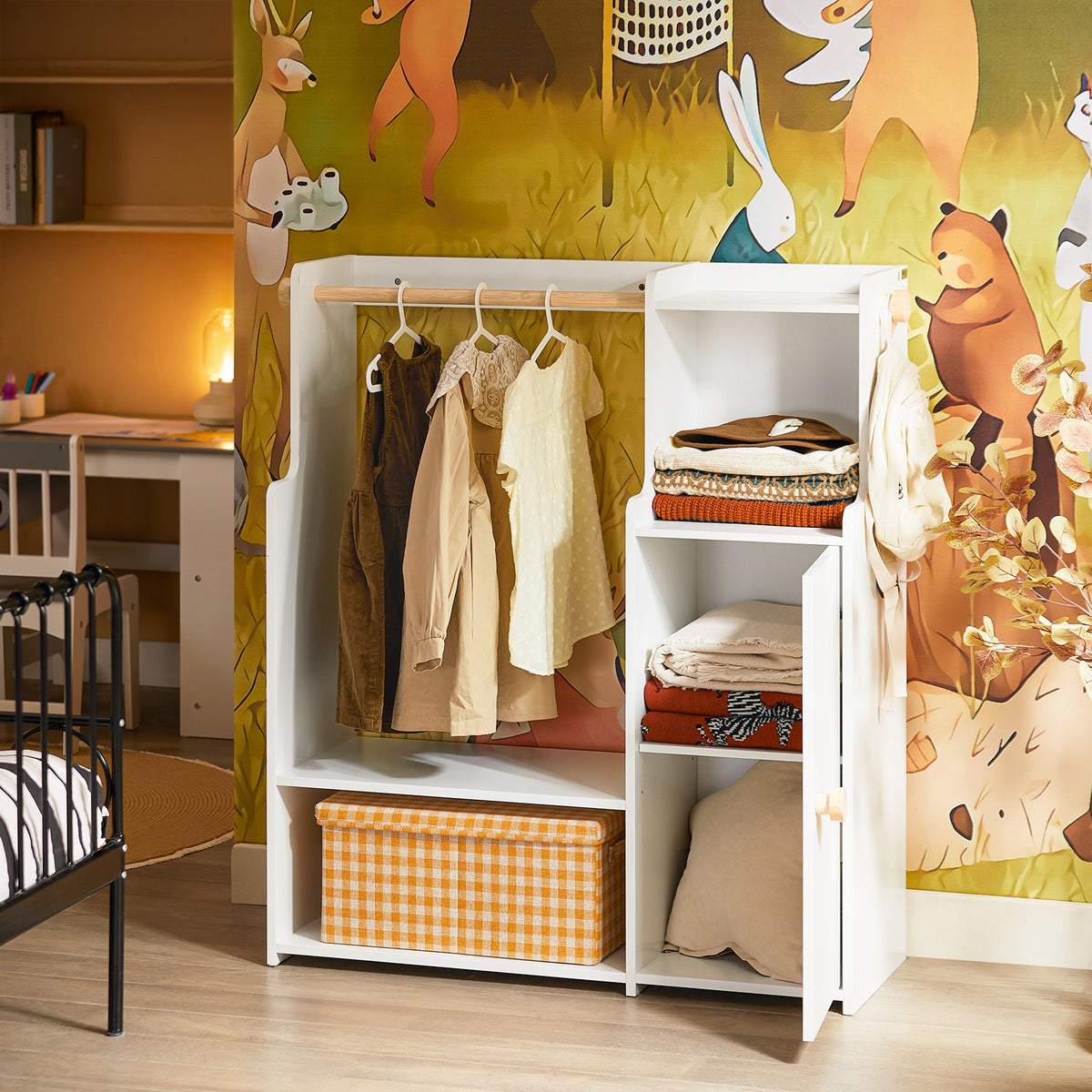 SoBuy Kids Wardrobe With Hanging Rail - White Children's Closet With Storage Box & Hooks, 97x35x108cm