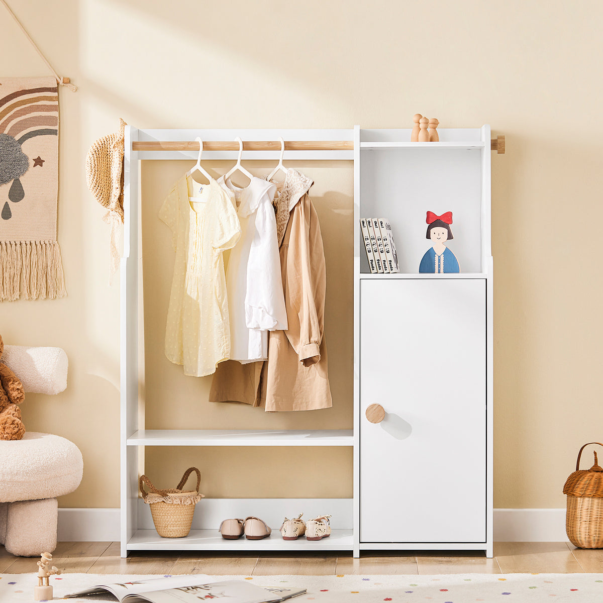 SoBuy KMB110-W, Children Kids Wardrobe Closet Children Clothes Rack with Hanging Rail, White